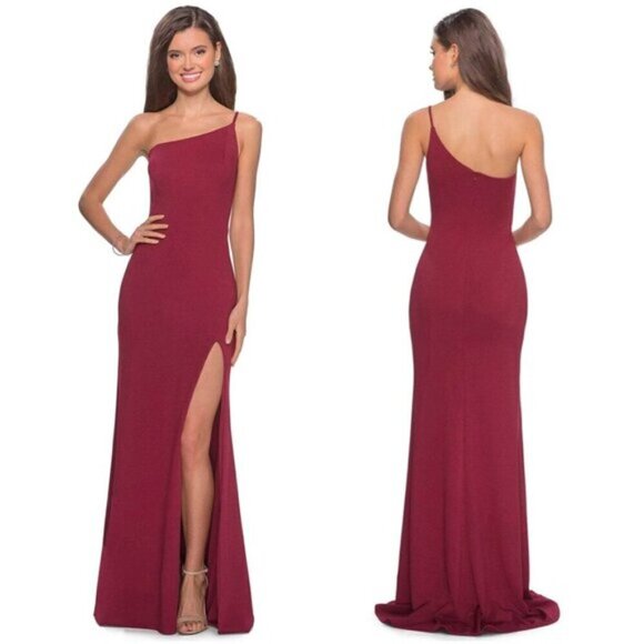 LA FEMME One-Shoulder Jersey Gown in Burgundy Size US 6 - Picture 1 of 7